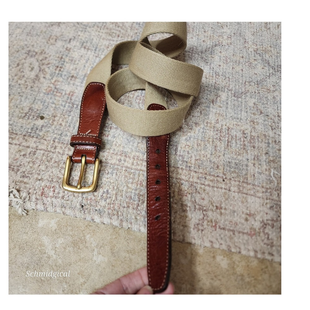 Lands End Mens Belt Khaki Canvas Brown Leather Solid Brass Buckle USA Made 73990